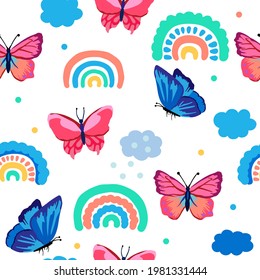 Seamless pattern with hand drawn rainbows and bright butterflies. Kids texture for fabric, wrapping, textile, wallpaper. Cartoon Vector Illustration.