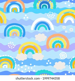 Seamless pattern with hand drawn rainbows and clouds in pastel colors. Childish print for nursery in a Scandinavian style. Ideal for baby clothes, textiles, wallpaper, packaging.  