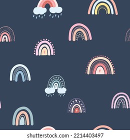 Seamless pattern with hand drawn rainbows, hearts, clouds, raindrops. Vector background with colorful pastel rainbow childish scandinavian style for fabric print, apparel, children textile design