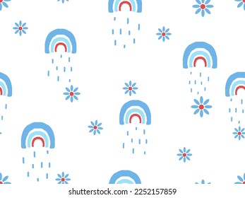 Nahtloses Muster mit handgezeichneten Regenbögen und süße Blume auf weißem Hintergrund, Vektorgrafik.