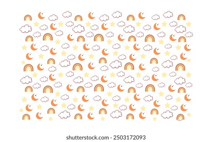 Nahtloses Muster mit handgezeichneten Regenbögen, Sonne, Wolken und Sternen.
