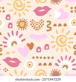 Seamless pattern with hand drawn rainbows, lips, lashes in retro style. Childish pastel girlish print. Vector texture for fabric, textile, wallpaper.