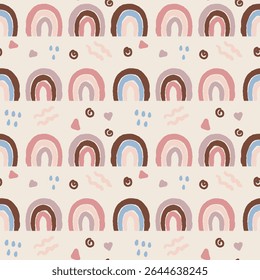 Seamless Pattern with Hand Drawn Rainbows and Abstract Shapes, perfect for children's decor, textiles, or digital backgrounds.