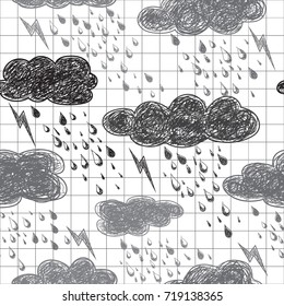 Seamless pattern with hand drawn rainy and doodle clouds. Vector illustration for fabric, textile, wrapping paper and other decoration design.