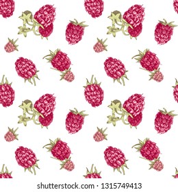 Seamless pattern with hand drawn raspberries. Vector illustration