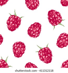 Seamless pattern with hand drawn raspberries on white background