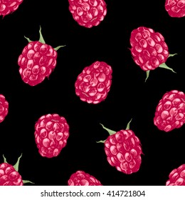 Seamless pattern with hand drawn raspberries on black background