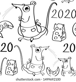 Seamless pattern with hand drawn rats and  cheese.
