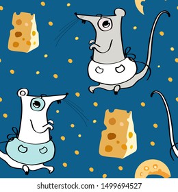 Seamless pattern with hand drawn rats and cheese. Cute hand drawing rats in aprons and glasses.