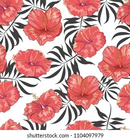 Seamless pattern with hand drawn red hibiscus and palm leaves on white background, Wallpaper with tropical flowers