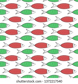 Seamless pattern with hand drawn red and green fish on white background. Marine life vector wrapping paper. Underwater animals fabric design.