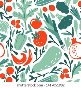 Seamless pattern with hand drawn red and green fruits, berries, vegetables. Flat pepper, tomato, leek, broccoli, garnet, cucumber. Vegetarian healthy food vector texture. Vegan, farm, organic, detox