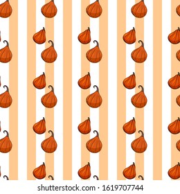 Seamless pattern with hand drawn red kuri squashes. Endless texture with vegetables on orange and white striped background for your design