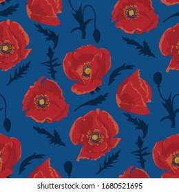 Seamless pattern with hand drawn red poppy flowers on blue background. Vector illustration.