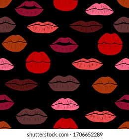 Seamless pattern with hand drawn red, pink, brown, orang and burgundy lip print on black background. Cute vector texture with kisses.