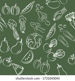 Seamless pattern with hand drawn red and green fruits, Avocado, vegetables, Mushroom, and Eggplant. Vegetarian healthy food vector texture. Vegan, farm, organic, detox