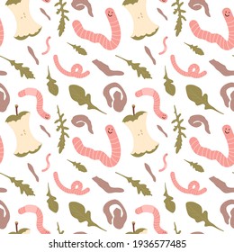 Seamless pattern with hand drawn red worms, greens, apple core and potato scraps. About ecology, zero waste, vermicomposting, and sustainable household. For prints, texture, wrapping paper, etc.