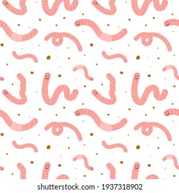 Seamless pattern with hand drawn red worms and dirt. About ecology, zero waste, vermicomposting, and sustainable household. For prints, texture, wrapping paper, etc.