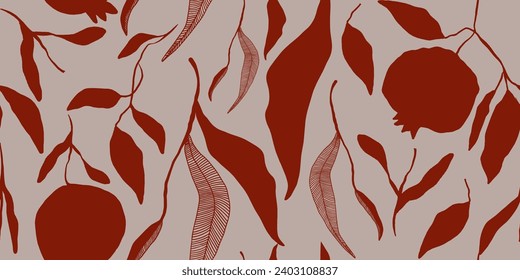 Seamless pattern of hand drawn red pomegranate and leaves. Perfect for textile manufacturing wallpaper posters etc. Vector illustration
