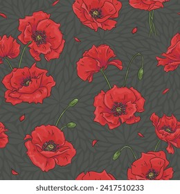 Seamless pattern with hand drawn red poppies on black background. Wallpaper, textile, wrapping paper floral design template. Vector illustration