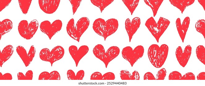 Seamless pattern with hand drawn red heart. Template red hearts painted dry brush. Vector ornament for wrapping paper. Seamless pattern artistic texture, ink illustration brush stroke.