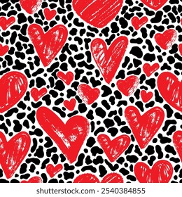 Seamless pattern with hand drawn red hearts in brush stroke texture paint style. Romantic print for valentines day. Great for textile, fabric, wallpaper, wrapping, scrapbook and packaging
