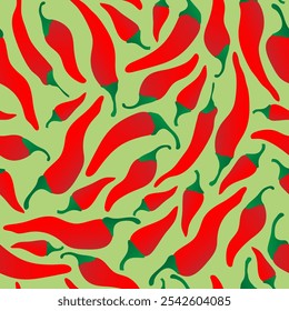 Seamless pattern with hand drawn red chili pepper on green background. Design for fabric, kitchen decor, wallpaper packaging paper.