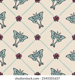 Seamless pattern with hand drawn red rose flowers and luna moths inside trellis. Romantic floral and butterfly background. Valentines day wrapping design.