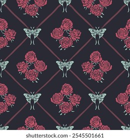 Seamless pattern with hand drawn red rose flowers and luna moths inside trellis. Romantic floral and butterfly background. Valentines day wrapping design.