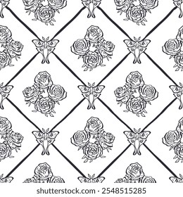 Seamless pattern with hand drawn red rose flowers and luna moths inside trellis. Romantic floral and butterfly background. Valentines day wrapping design.