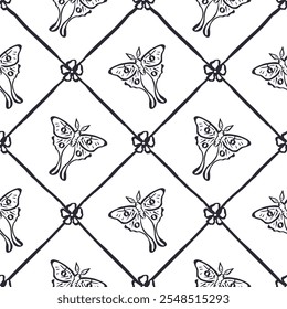 Seamless pattern with hand drawn red rose flowers and luna moths inside trellis. Romantic floral and butterfly background. Valentines day wrapping design.