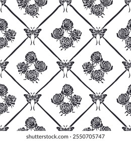 Seamless pattern with hand drawn red rose flowers and luna moths inside trellis. Romantic floral and butterfly background. Valentines day wrapping design.