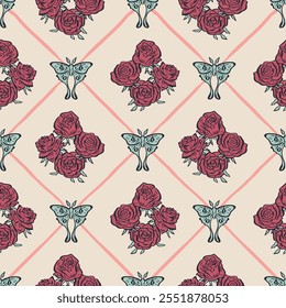 Seamless pattern with hand drawn red rose flowers and luna moths inside trellis. Romantic floral and butterfly background. Valentines day wrapping design.