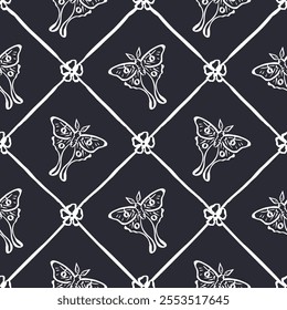 Seamless pattern with hand drawn red rose flowers and luna moths inside trellis. Romantic floral and butterfly background. Valentines day wrapping design.