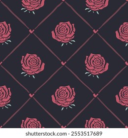 Seamless pattern with hand drawn red rose flowers inside trellis. Romantic floral background. Valentines day wrapping design.