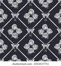 Seamless pattern with hand drawn red rose flowers and luna moths inside trellis. Romantic floral and butterfly background. Valentines day wrapping design.