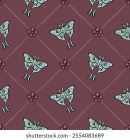 Seamless pattern with hand drawn red rose flowers and luna moths inside trellis. Romantic floral and butterfly background. Valentines day wrapping design.