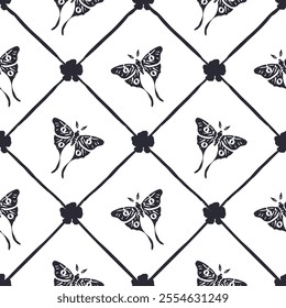 Seamless pattern with hand drawn red rose flowers and luna moths inside trellis. Romantic floral and butterfly background. Valentines day wrapping design.