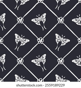 Seamless pattern with hand drawn red rose flowers and luna moths inside trellis. Romantic floral and butterfly background. Valentines day wrapping design.