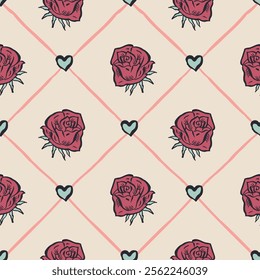 Seamless pattern with hand drawn red rose flowers inside trellis. Romantic floral background. Valentines day wrapping design.