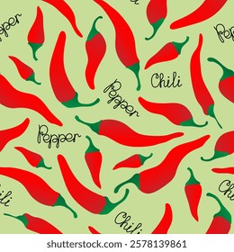 Seamless pattern with hand drawn red chili pepper on green background. Design for fabric, kitchen decor, wallpaper packaging paper.