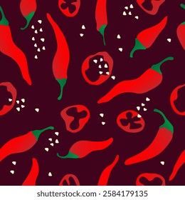 Seamless pattern with hand drawn red chili pepper on brown background. Design for fabric, kitchen decor, wallpaper packaging paper.