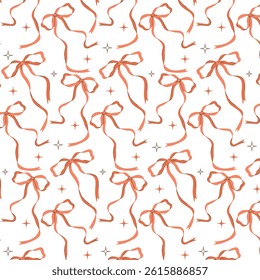 Seamless pattern with hand drawn red bows and sparkles. Cute and elegant design for wrapping paper, textiles, stationery, and holiday decorations.

