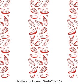 Padrão contínuo com vagens de cardamomo vermelho desenhadas à mão e sementes sobre fundo branco ideal para embalagem de têxteis e papel de embalagem