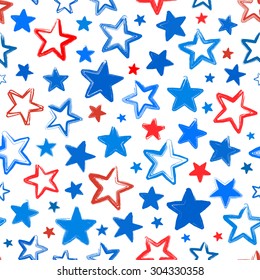 Seamless pattern with hand drawn red and blue stars. Patriotic pattern. Vector with American symbols. USA flag. Wrapping paper. Paper for scrapbook. 