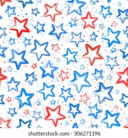 Seamless pattern with hand drawn red and blue stars. Patriotic pattern. Vector with American symbols. USA flag. Wrapping paper. Paper for scrapbook.