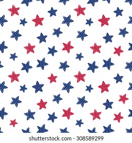 Seamless pattern with hand drawn red and blue stars. Patriotic pattern. Vector with American symbols. USA flag. Wrapping paper. Paper for scrapbook.