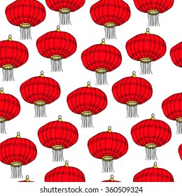 Seamless pattern with hand drawn  red Chinese paper sky lantern. Traditional lamps for Chinese New Year decoration and home decor. Vector illustration. Feng Shui symbol, decor element. doodle sketch