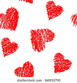 Seamless pattern with hand drawn red hearts on white. Crayon chalk valentine`s day`s design elements, vector background.