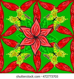 seamless pattern hand drawn red flowers and green leaves on a green background with green butterflies.